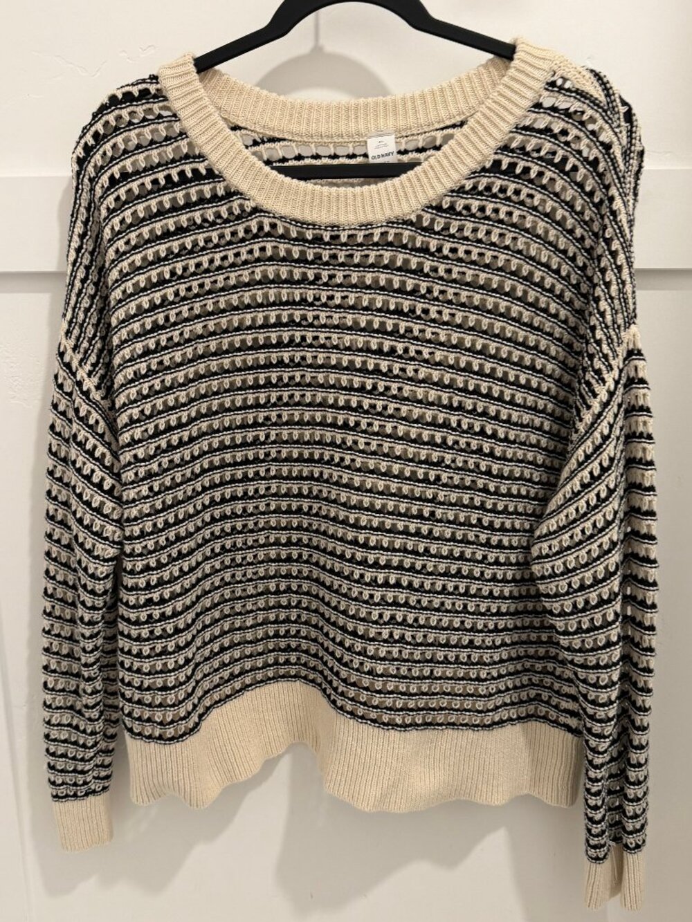 Old Navy XL Sheer Crochet Knit Sweater Black Cream Striped Lightweight Layering